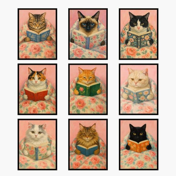 Funny Cat Poster Set of 9 Cat Lover Gift, 8x10 Art Prints Unframed Vintage Style - Picture 1 of 5